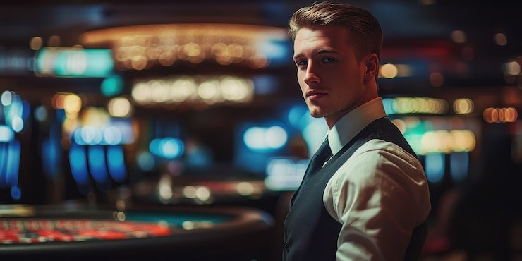 Dealer live casino memberikan kartu pada meja taruhan dengan tampilan tajam
